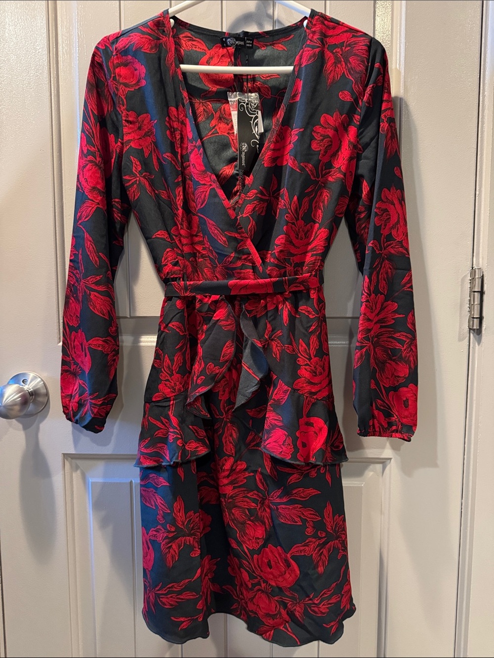 Women's Red Floral faux wrap Dress